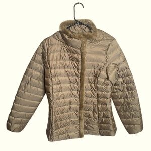 Cole Haan Women’s Tan Down Puffer Coat Jacket Faux Fur Hood Size Small